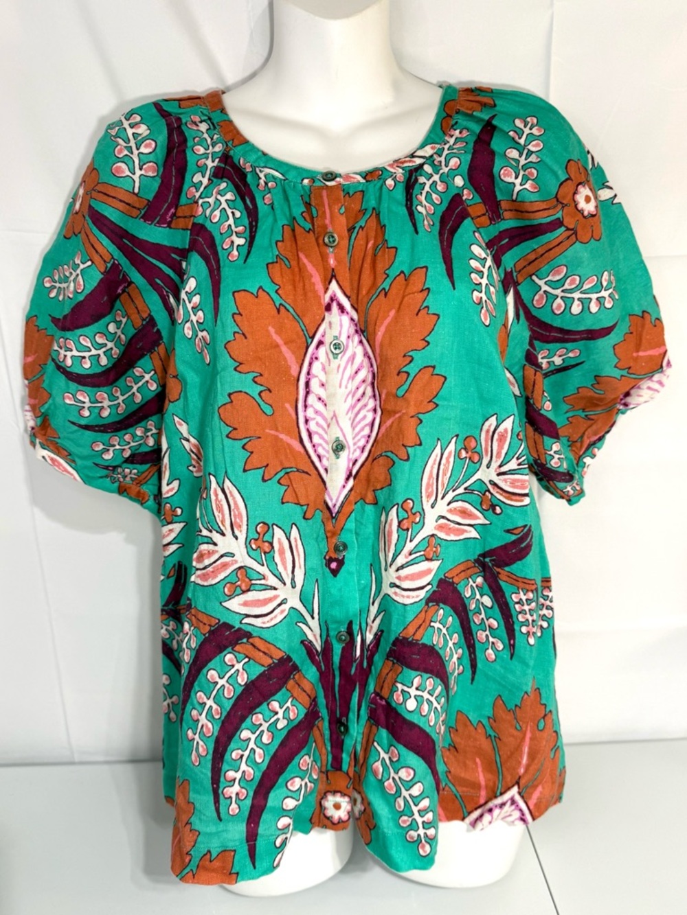 Sundance Linen Boho Floral Top Puff Sleeve Green Orange Blouse Small